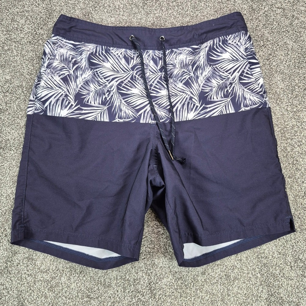 Fair Harbor Swim Shorts Mens Medium Navy Blue Tropical Print Anchor Trunks 8"